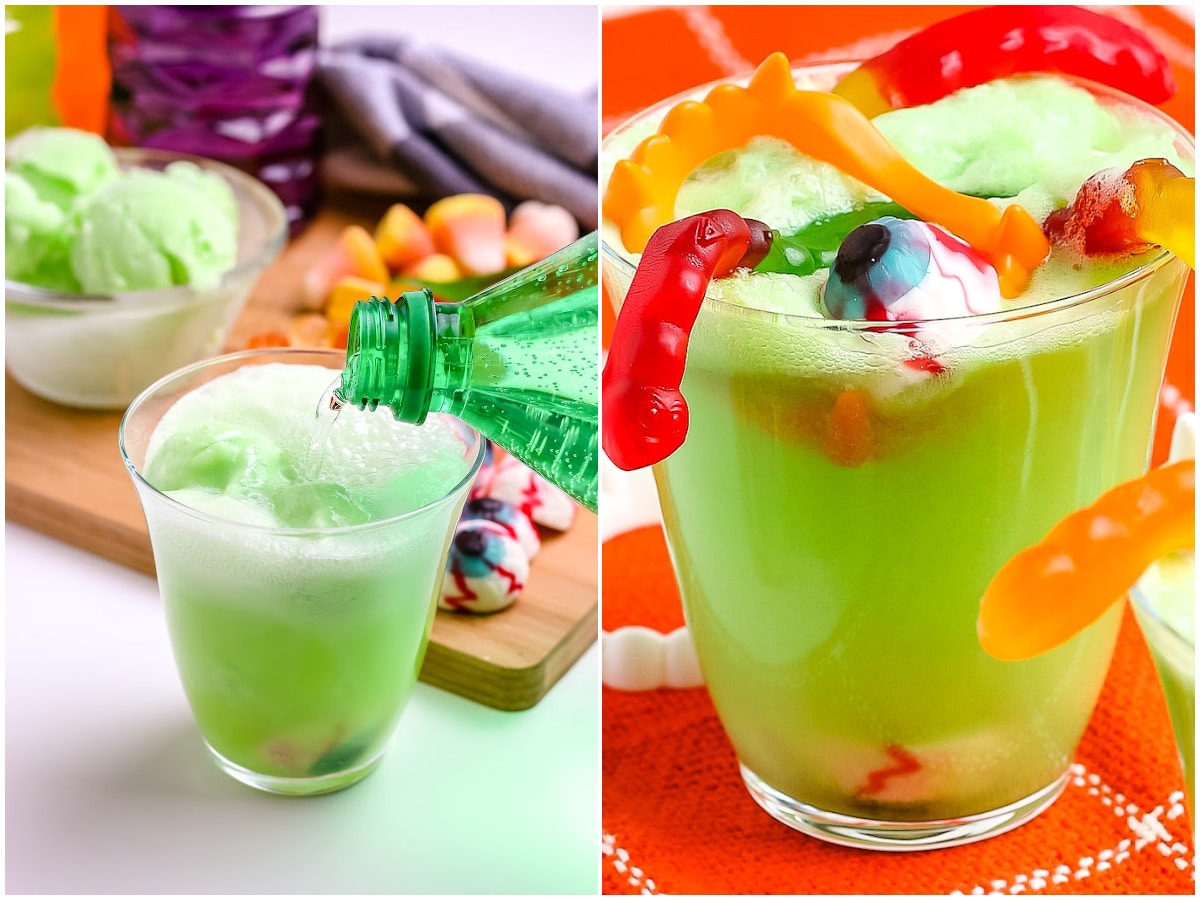 a collage showing how to make witches' brew by pouring in lemon lime soda and adding the candy for serving