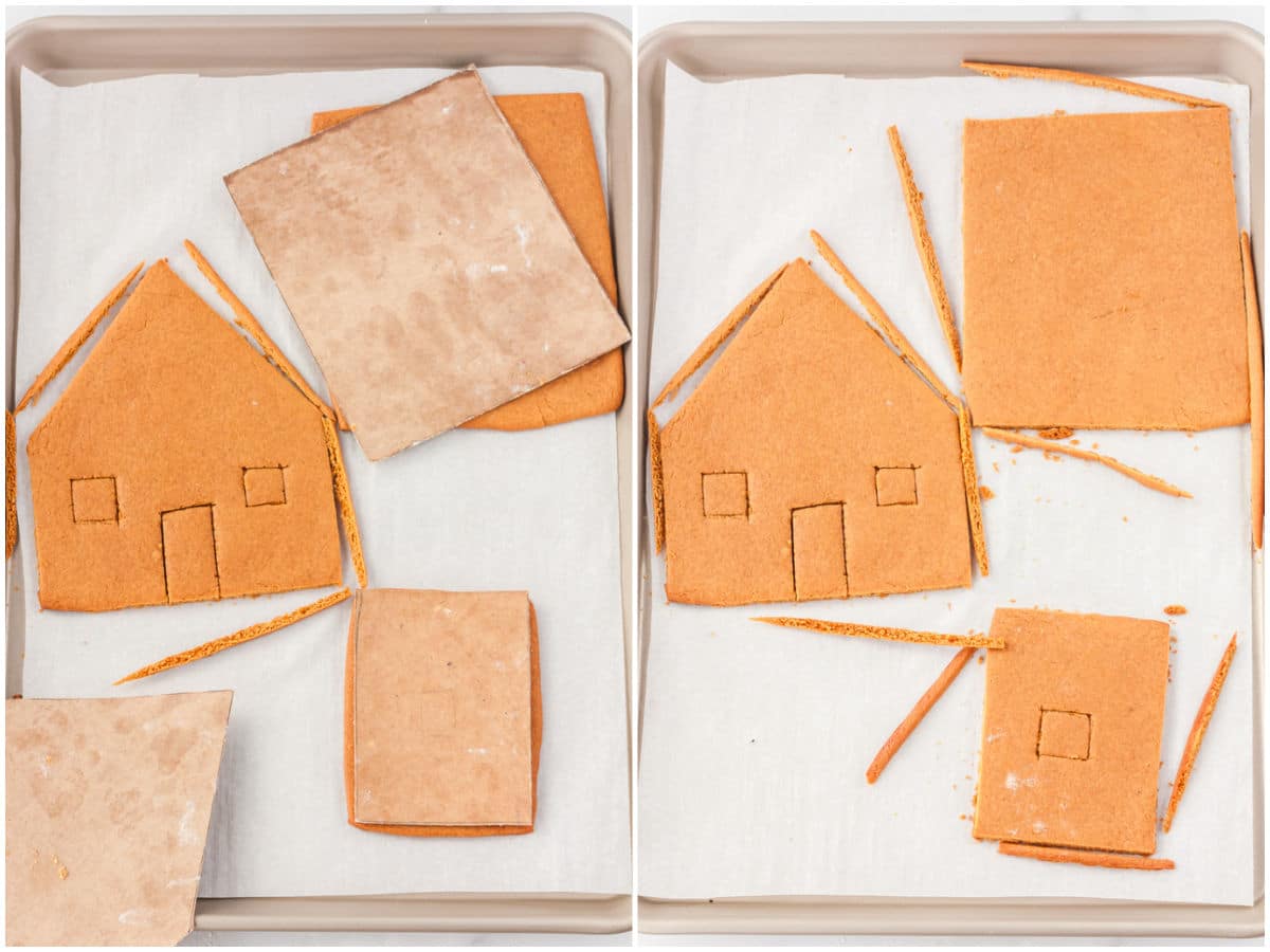 A picture collage showing how to trim and bake gingerbread houses.
