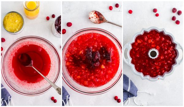 The juice, pineapple, and cranberry sauce being mixing together.