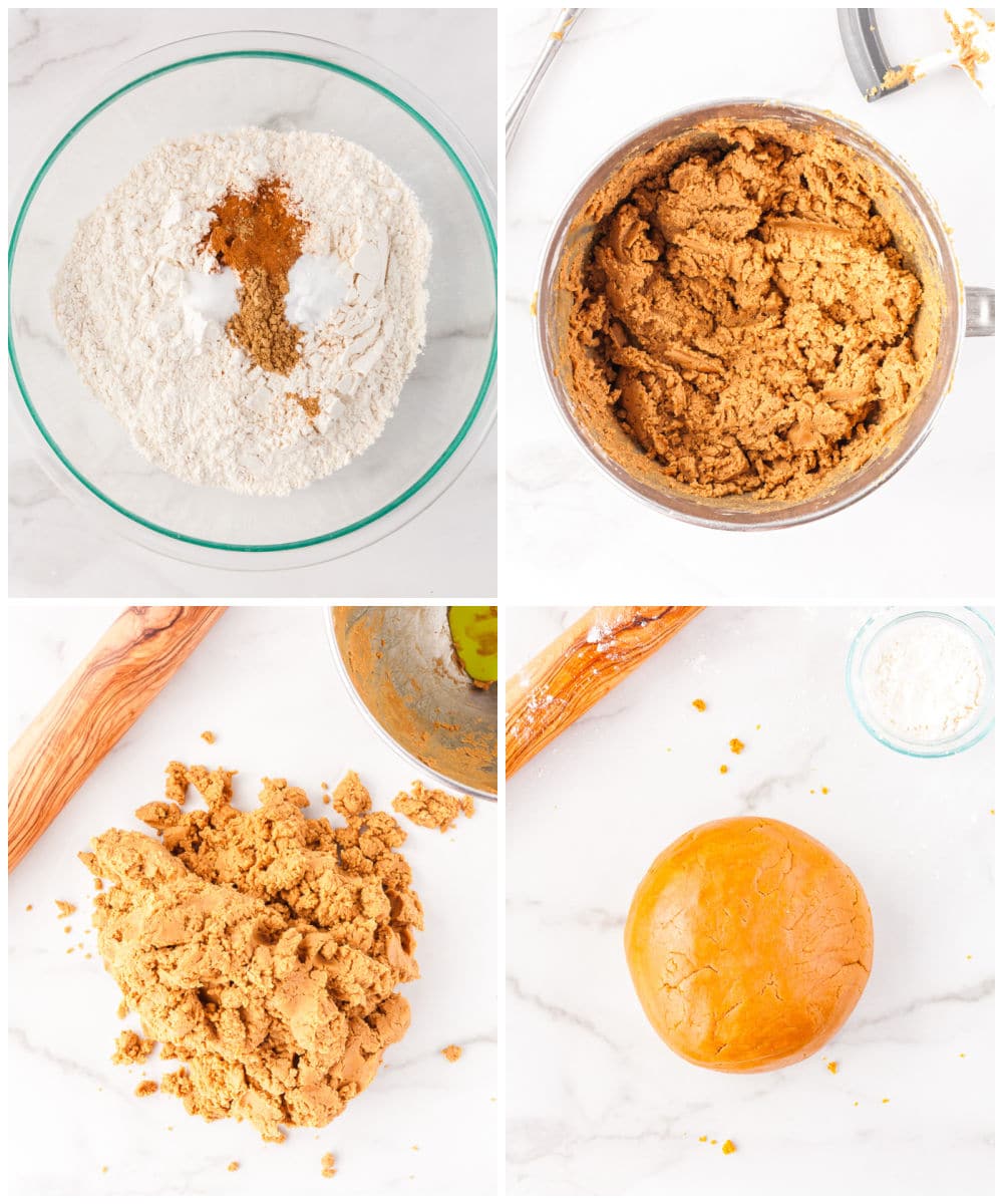 A picture collage showing how to make gingerbread house dough.