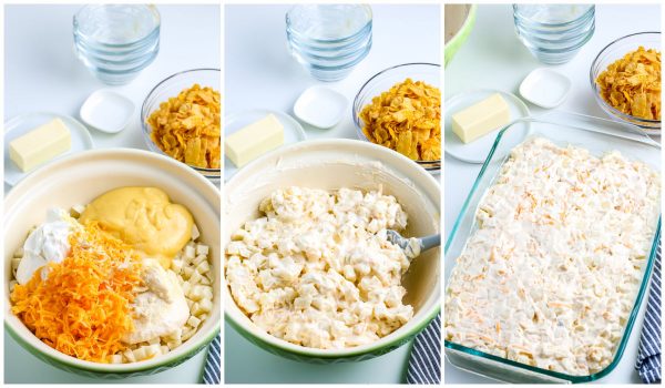 The potatoes and sour cream mixture inside the casserole dish before the topping is added.