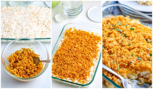 The butter and cornflakes sprinkled on top of the funeral potatoes before they are baked.