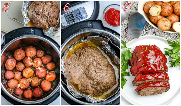 The cooked meatloaf inside of the Instant Pot.