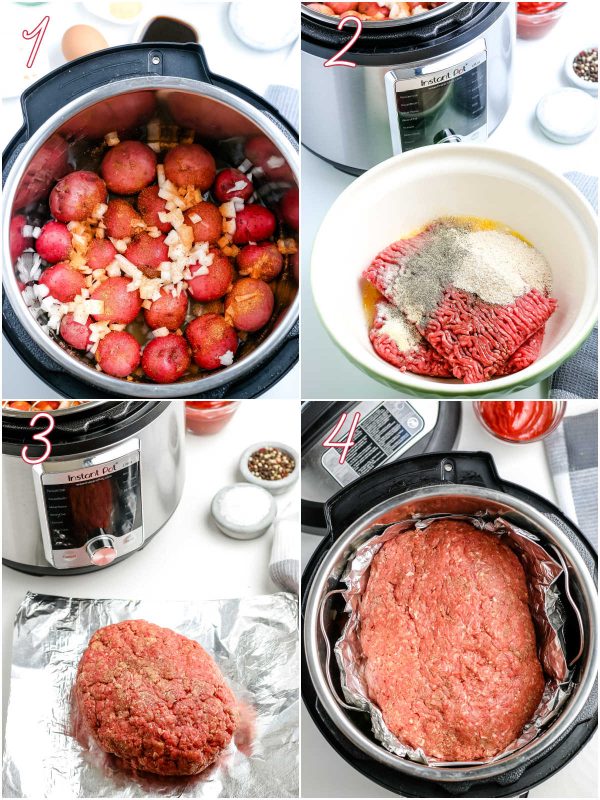 The uncooked meatloaf and potatoes in an Instant Pot.