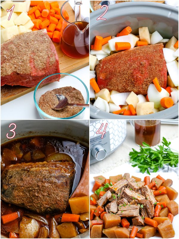 The pot roast and vegetables in the slow cooker after they're cooked.