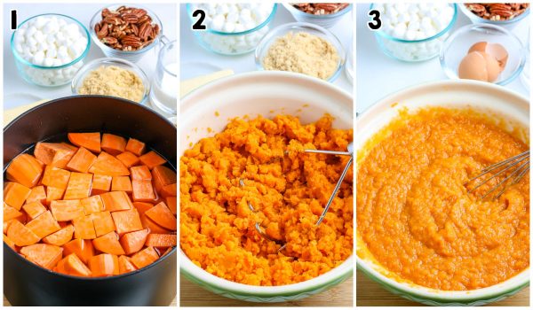 The cooked sweet potatoes in a bowl while they're getting mashed.