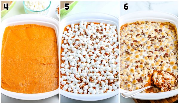 The sweet potatoes in the casserole dish with marshmallows and pecans on top.