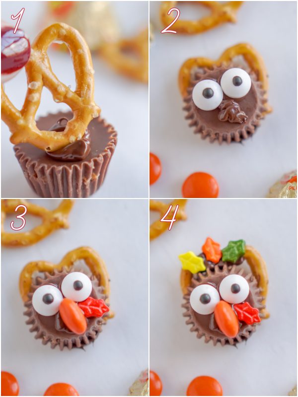 A picture collage of the differnt steps needed to make these turkey treats.