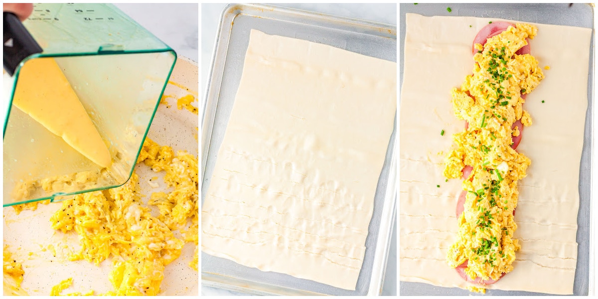 a collage showing how to make eggs benedict by cooking the eggs, pouring in the sauce, rolling out the pastry, and spreading the egg mixture down the center of the pastry