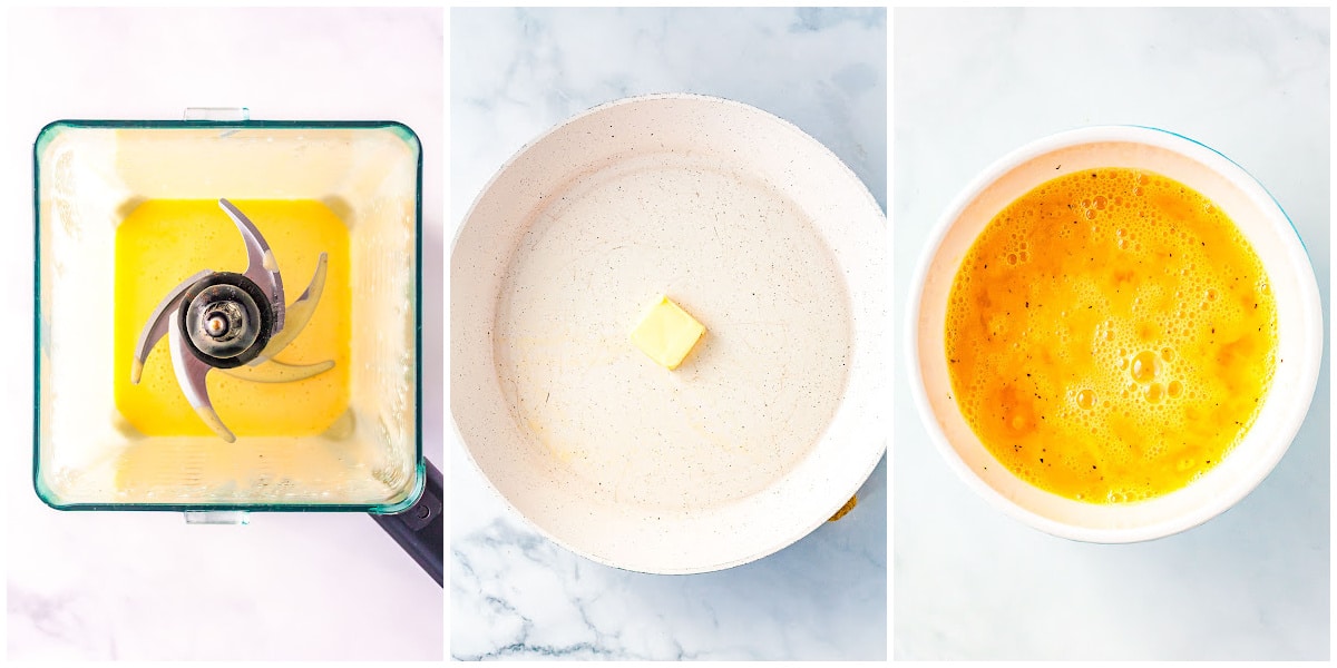 a collage showing how to make eggs benedict by blending the sauce ingredients, melting the butter, and whisking the eggs and spices