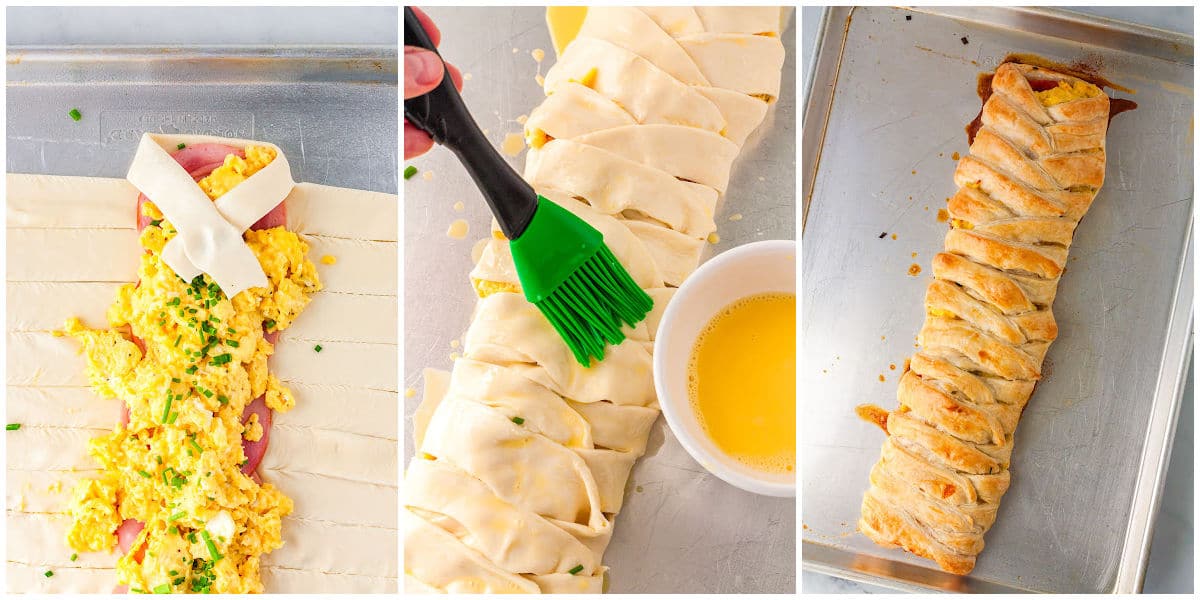 a collage showing how to make eggs benedict by braiding the strips of puff pastry, brushing on the melted butter, baking the eggs benedict
