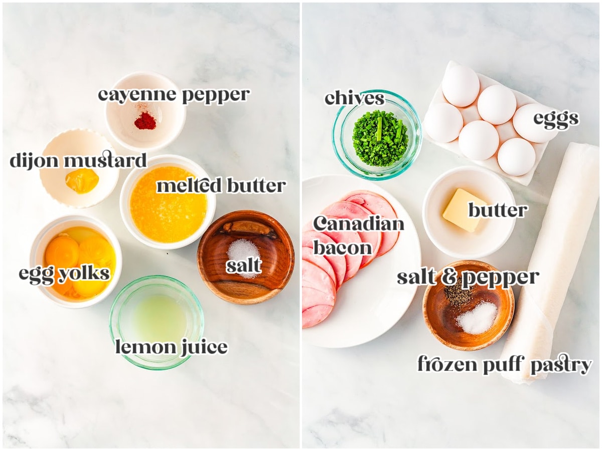 a collage with ingredients for holladaise sauce on one side and ingredients for eggs benedict braid on the other side with text overlay