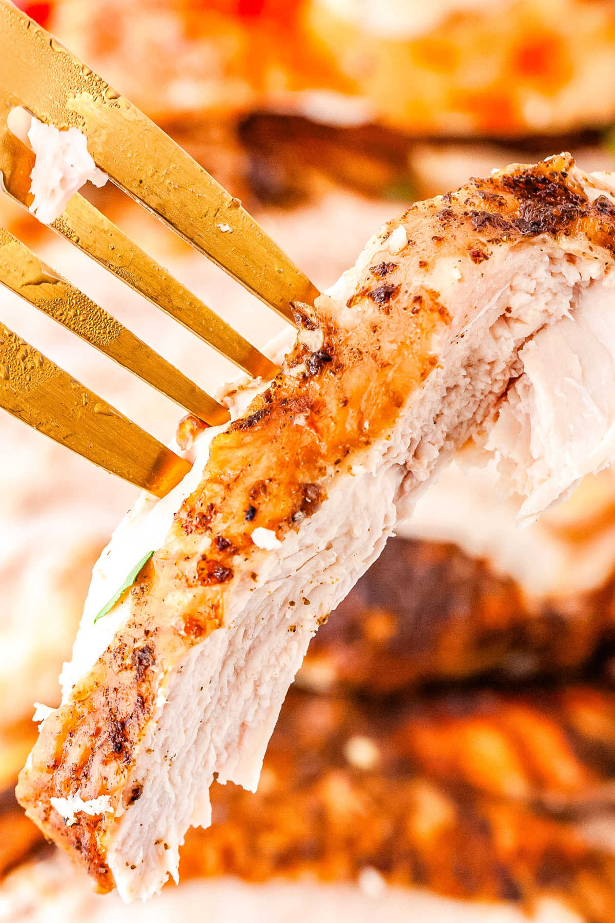 a fork with a piece of turkey breast