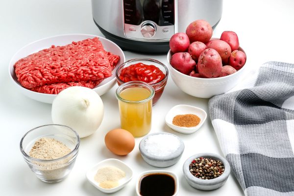 All of the ingredients needed to make Instant Pot Meatloaf and Potatoes recipe.
