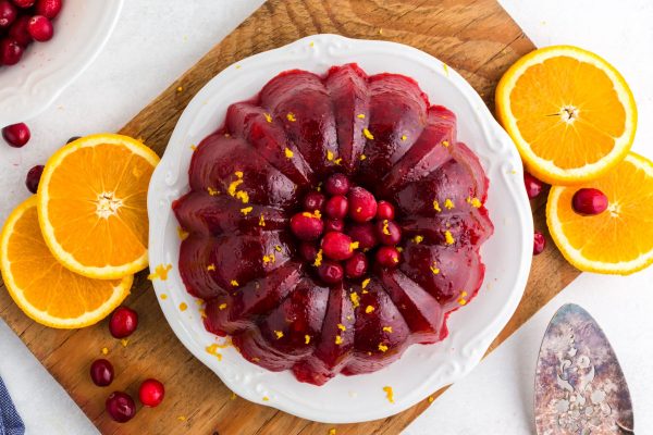 An overhead picture of the finished Raspberry Cranberry Jello Salad on a white serving platter.
