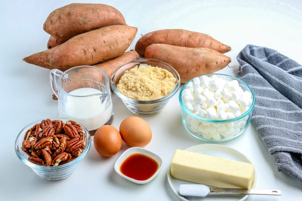 All of the ingredients needed to make this Sweet Potato Casserole with Marshmallows and Pecans recipe.