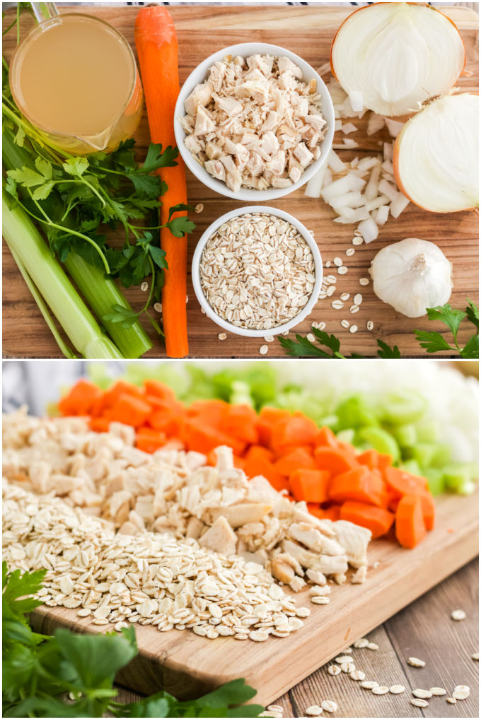 A picture collage of all of the ingredients needed to make this turkey soup.