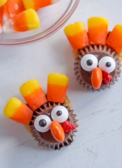 A close up picture of turkey treats made with candy corns.