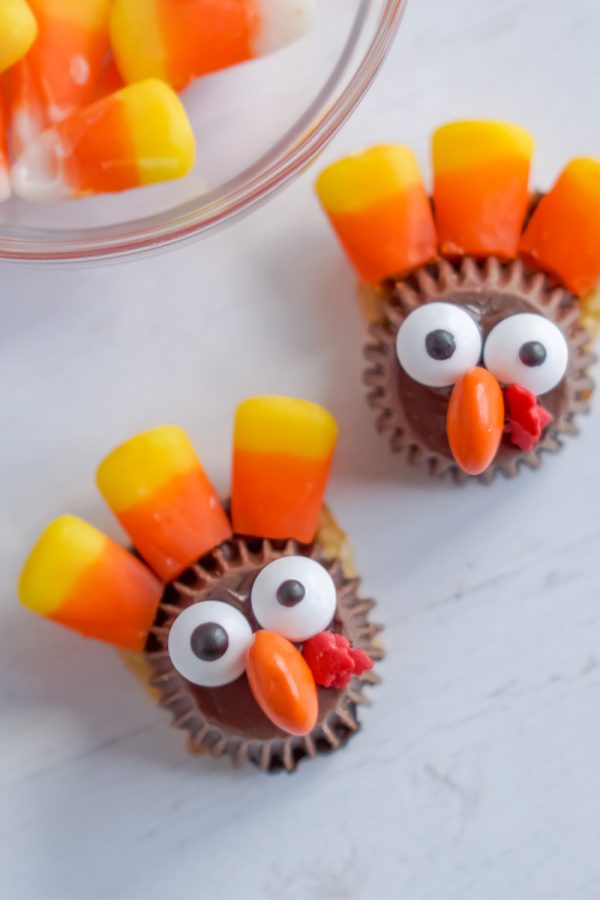 A close up picture of turkey treats made with candy corns.