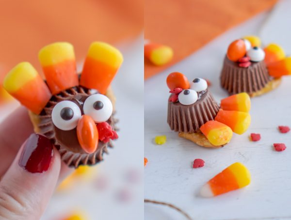 A hand picking up turkey treats made with candy corn.