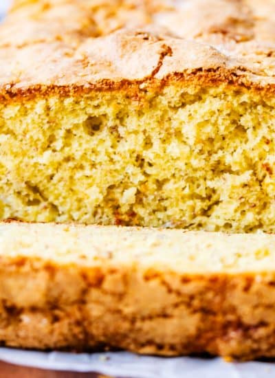A close up picture of the sliced banana bread made with cake mix.
