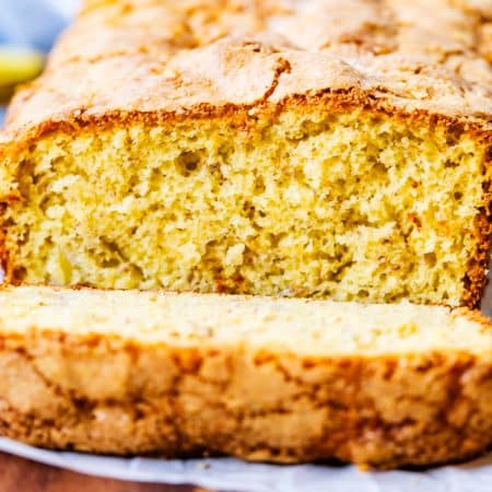 A close up picture of the sliced banana bread made with cake mix.