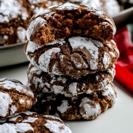 Three chocolate crinkle cookies stacked on top of each other.