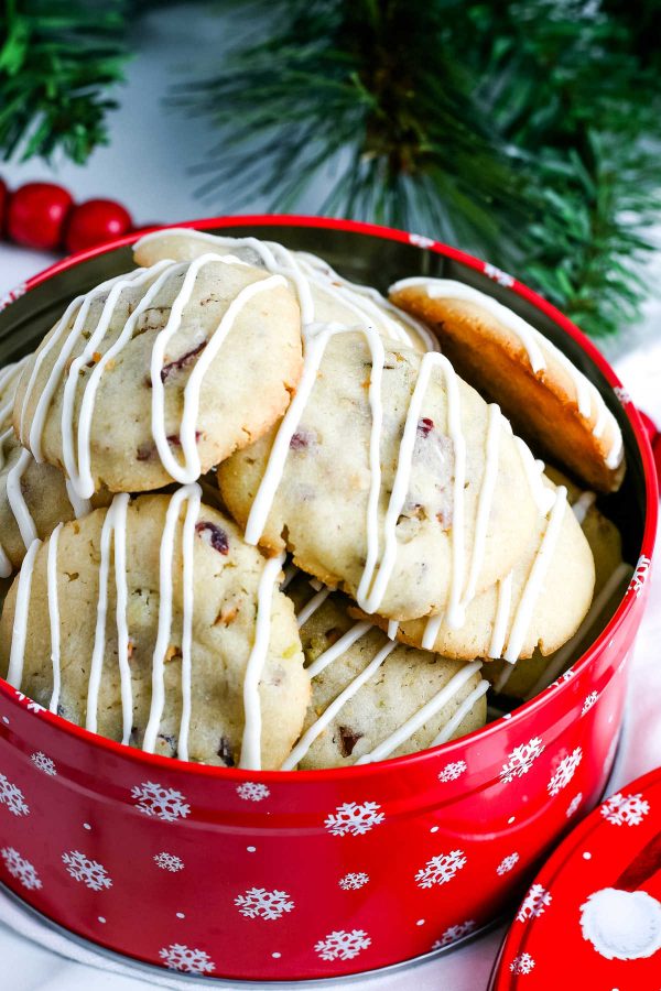 Cranberry Cookies in a Christmas tin for cookie exchanges.