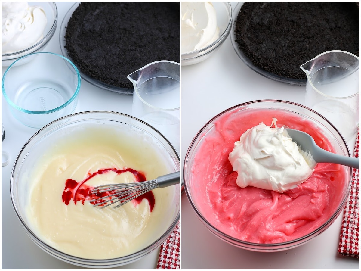 a collage showing mixing the filling ingredients, and folding in the cool whip for peppermint pie