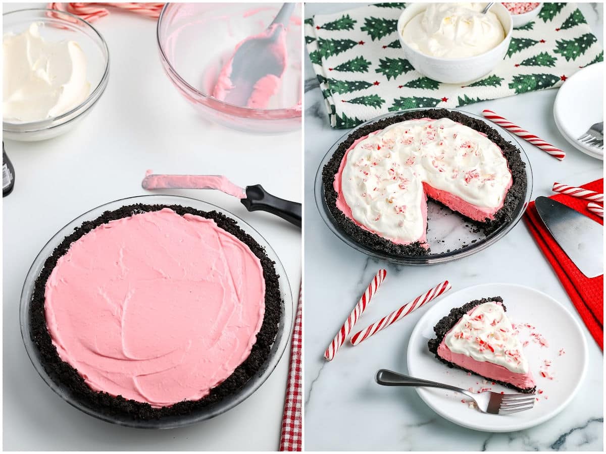 a collage showing spreading the filling in the pie crust, and serving the finished peppermint pie