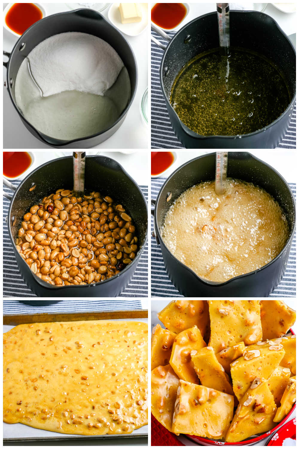 A picture collage of the steps to make homemade peanut brittle.