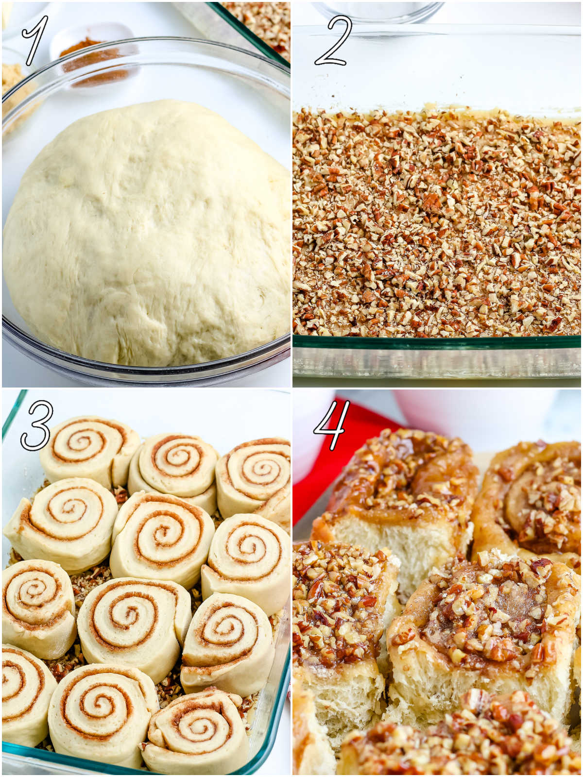 A picture collage with text overly showing how to make these pecan sticky buns. 