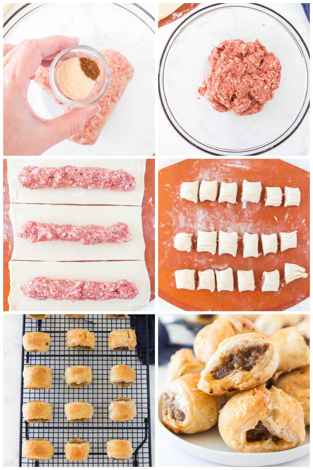 A picture collage of the process of how to make sausage rolls.