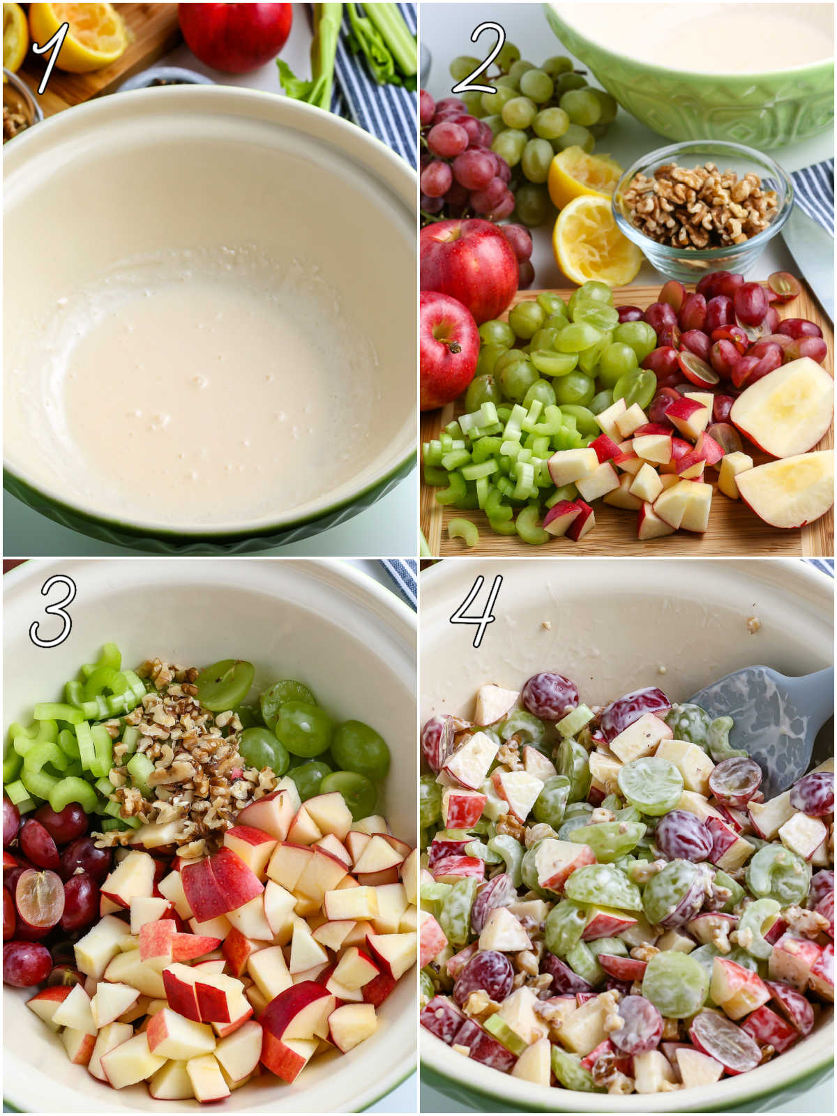A picture collage of the steps needed to make Waldorf with text overlay for Pinterest.