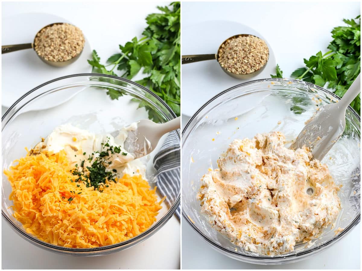 a collage showing how to make cheese ball by adding the ingredients to a bowl and mixing them together.