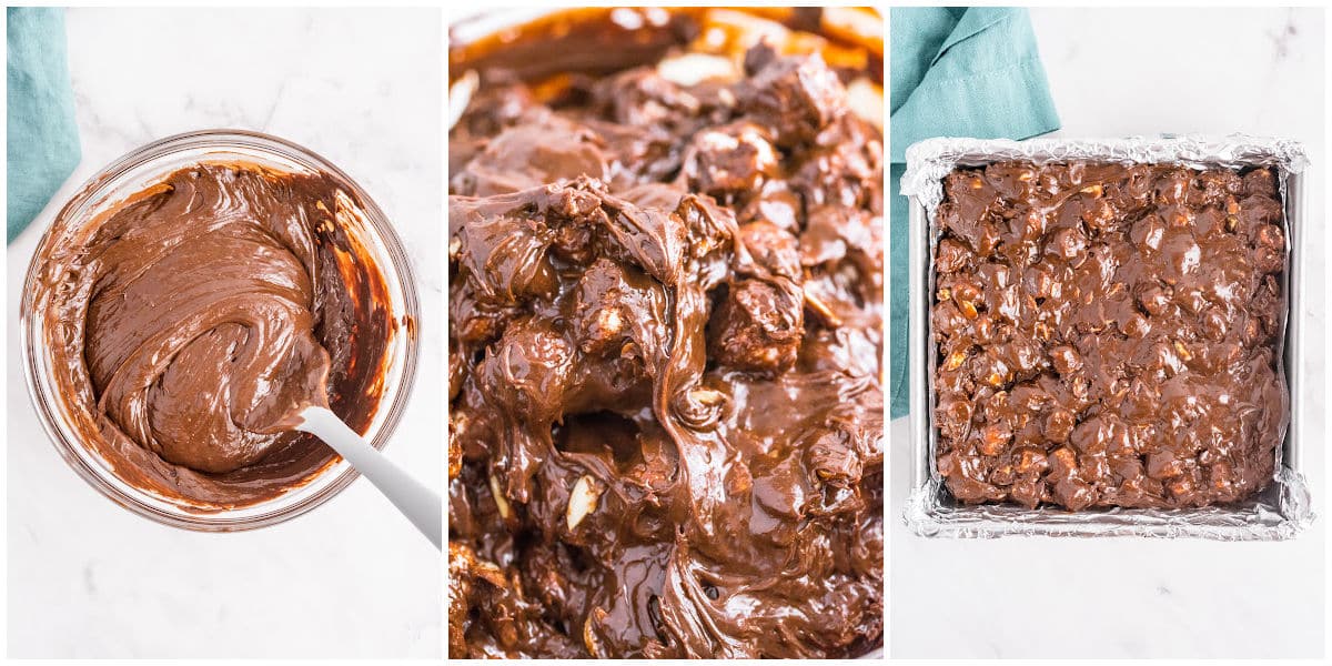 a collage showing how to make Rocky Road Fudge by mixing the melted chocolate, mixing in the marshmallows and nuts, and pouring it in the pan to chill