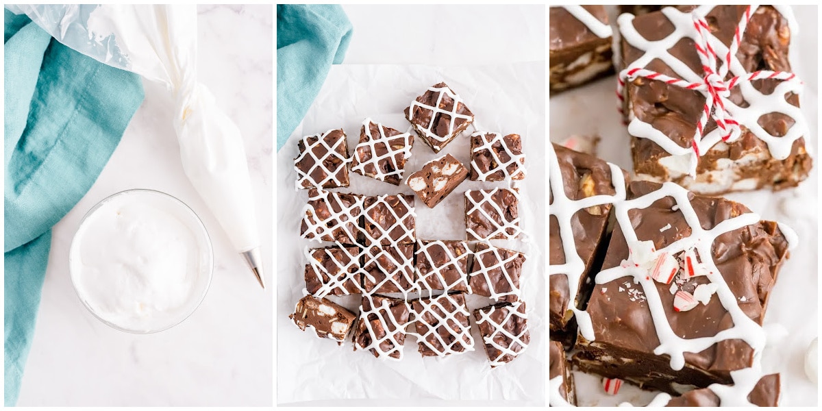 a collage showing how to make rocky road fudge by making mixing the marshmallow cream, piping the cream onto the fudge, and slicing and serving the fudge