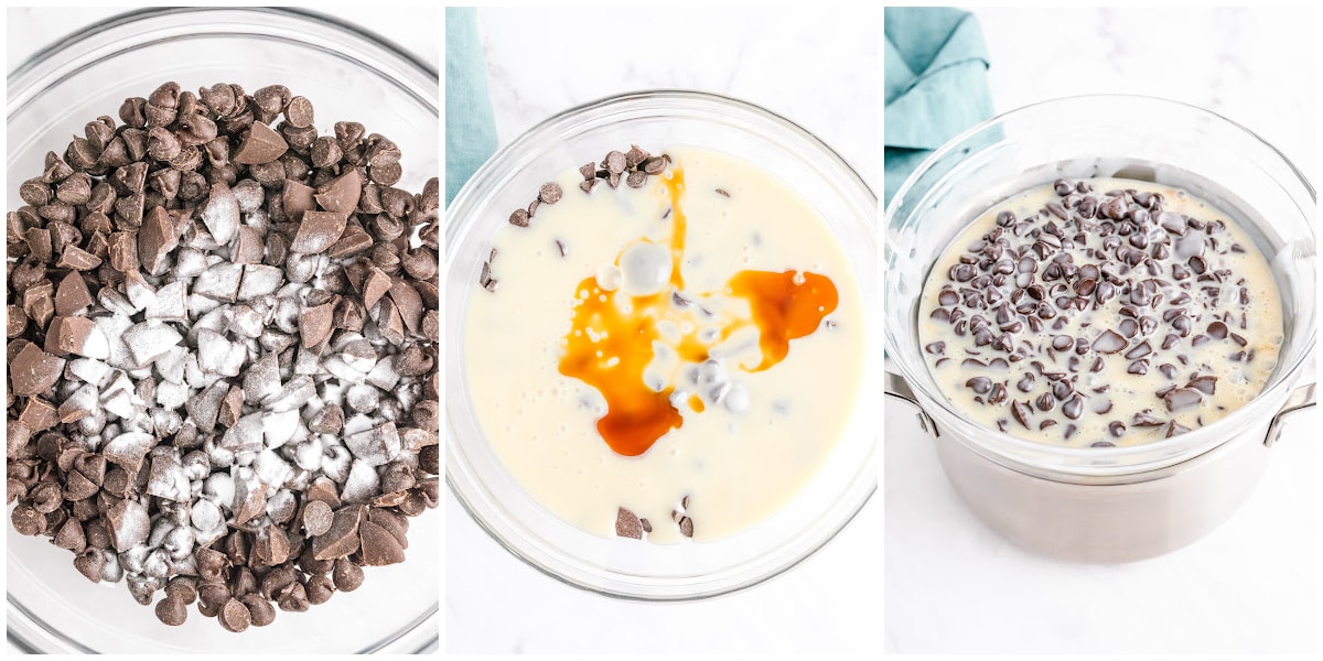 a collage showing how to make rocky road fudge, by adding the ingredients to a bowl, mixing the ingredients, and melting the mixture over a double boiler