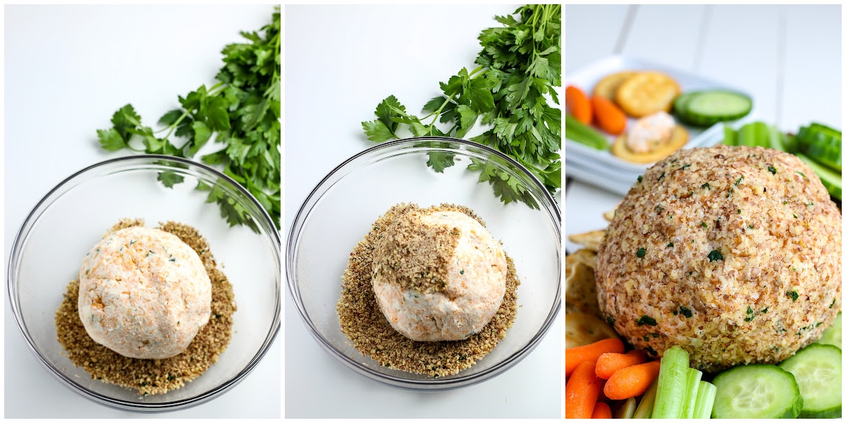 a collage showing how to make a cheese ball with one picture showing how to form the ball, covering the ball in the coating, and putting it on a tray with crackers and veggies for serving.