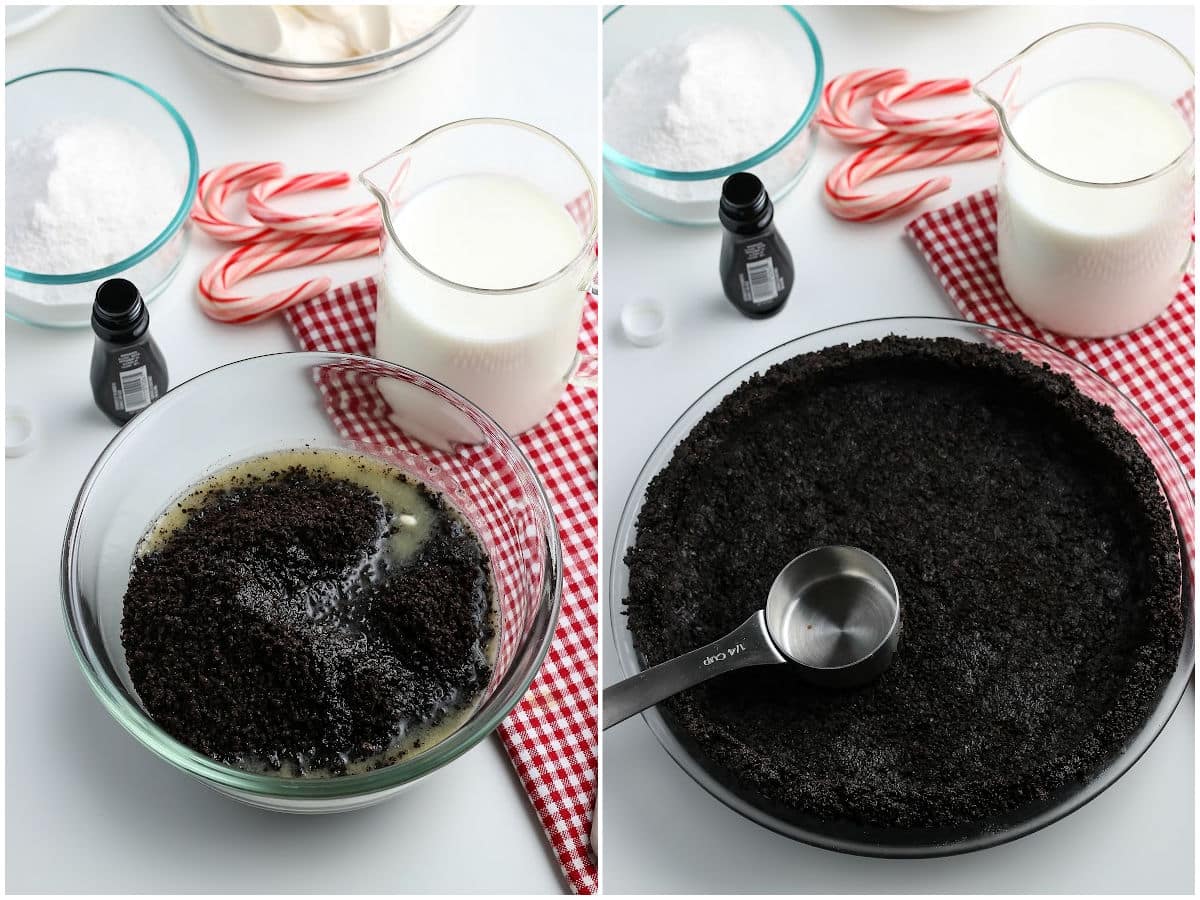 a collage showing mixing the cookie crumbs and melted butter, and pressing the mixture into a pie plate to make the OREO crust