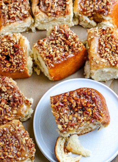 The finished pecan sticky buns on a serving platter.