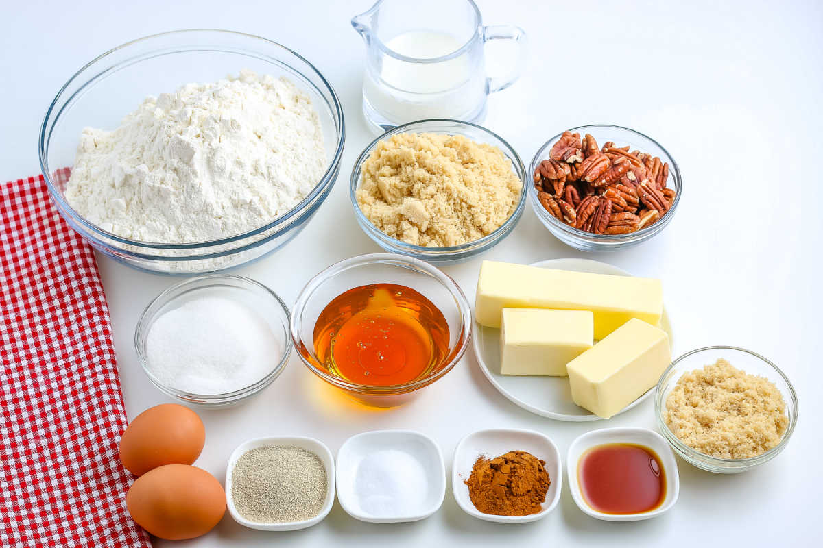 All of the ingredients needed to make this pecan sticky buns recipe. 