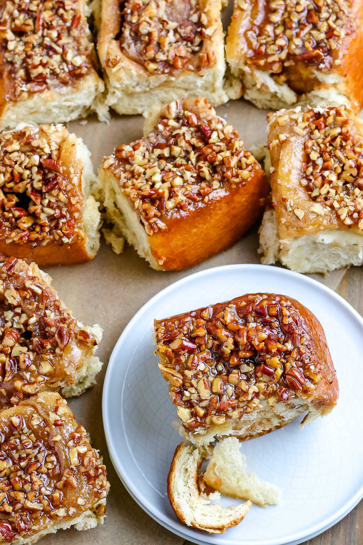 The finished pecan sticky buns on a serving platter. 