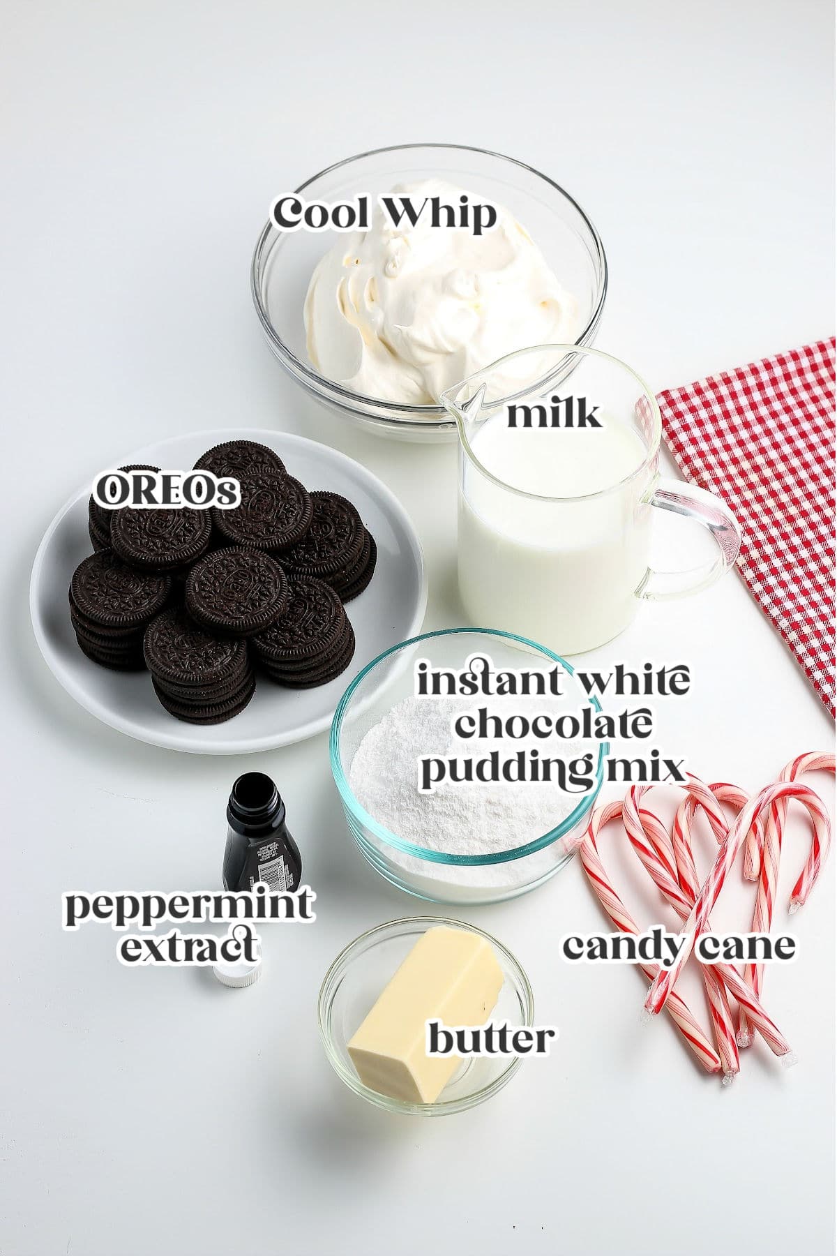 ingredients for Peppermint Pie with text overlay