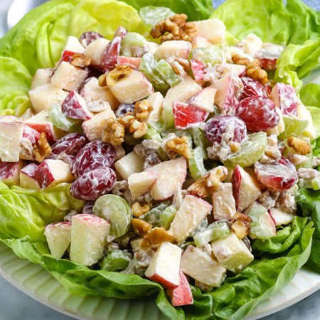 A close up picture of the finished Waldorf Salad.