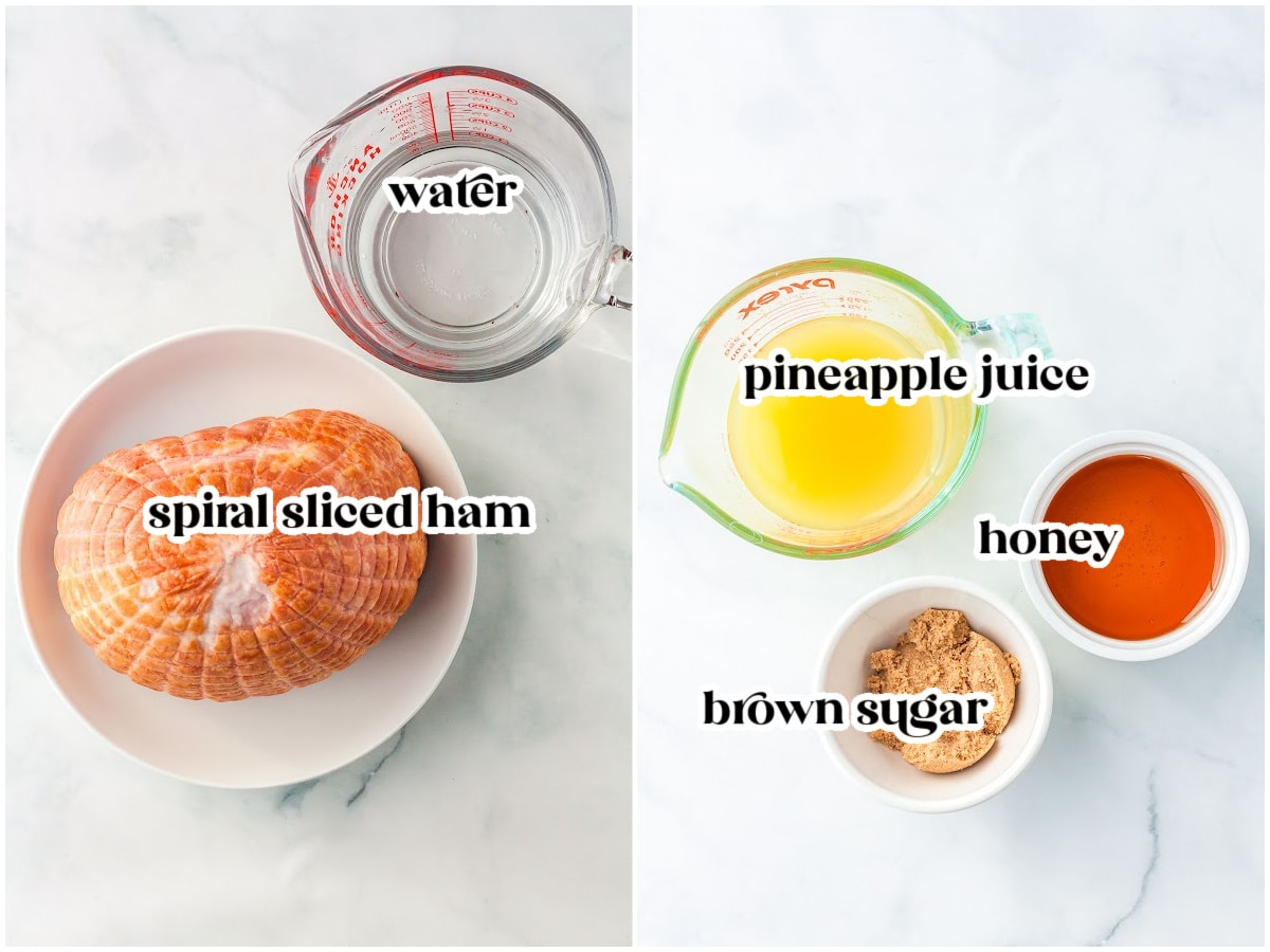 a collage showing the ingredients for honey baked ham with text overlay