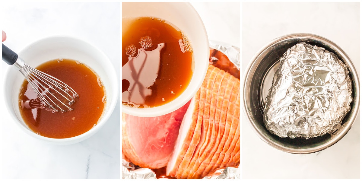 a collage showing how to make honey baked ham by whisking the glaze in a bowl, pouring it over the ham, and putting the ham in the instant pot