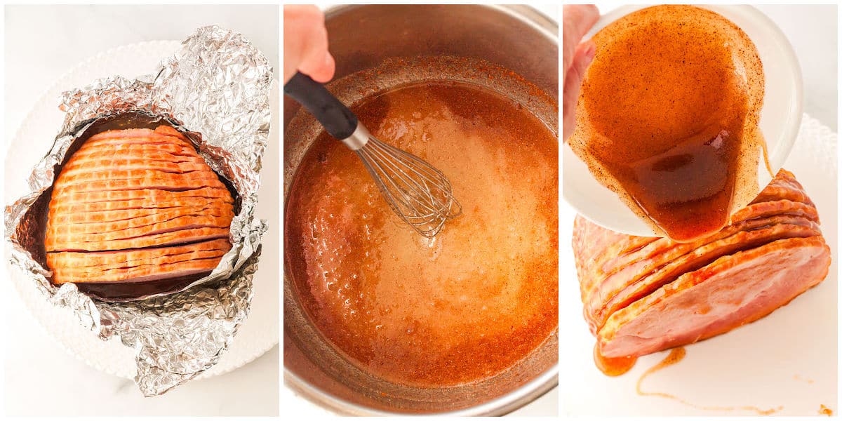 a collage showing how to make honey baked ham in the instant pot by removing the ham from the instant pot, whisking the glaze ingredients, and pouring the glaze over the ham