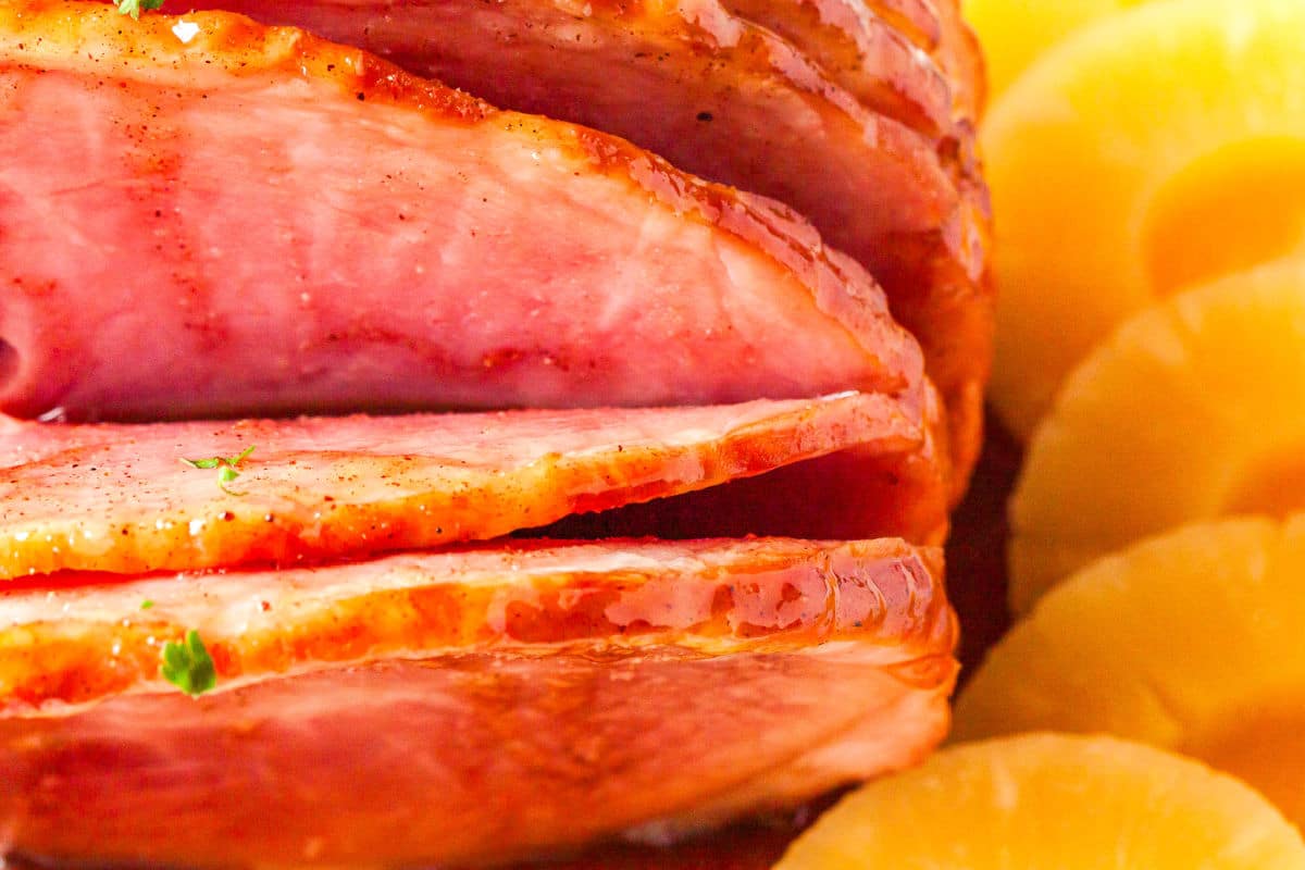 a close up of sliced honey baked ham