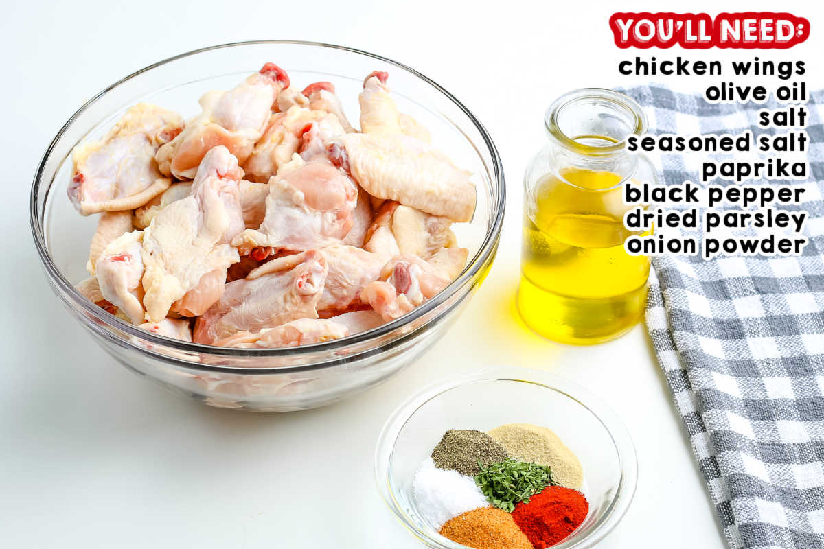 A picture of all the ingredients needed to make Baked Chicken Wings with text overlay.